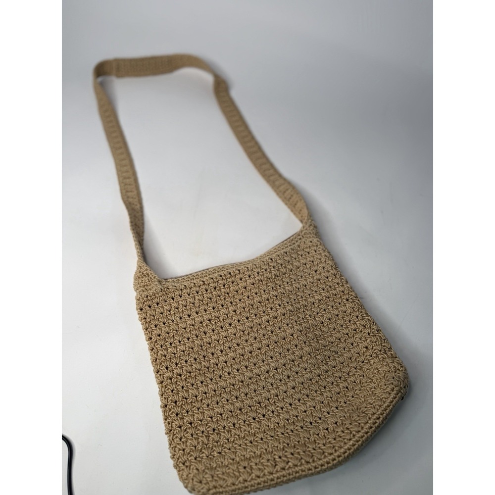 THE SAK Crochet Knit Woven Boho Crossbody Small Shoulder Handbag Purse Taupe